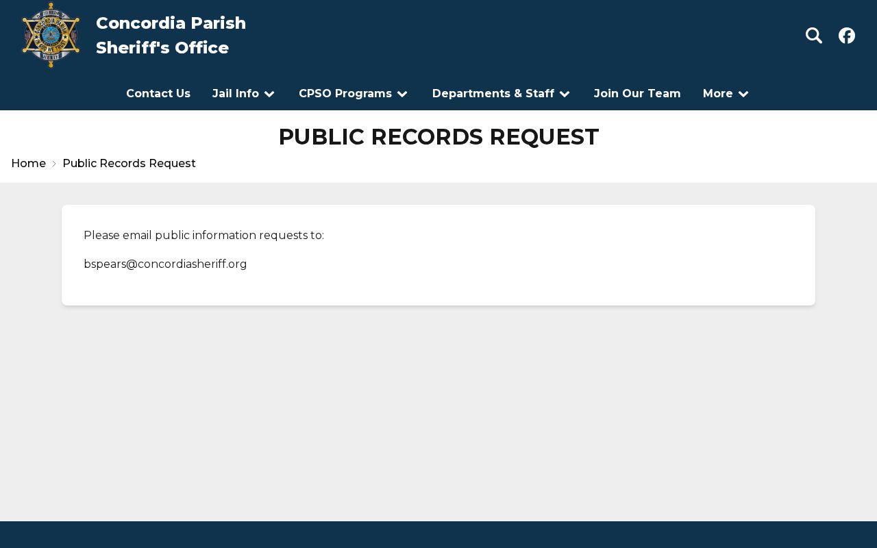 Concordia Parish sheriff public records request page with email instructions for warrant records