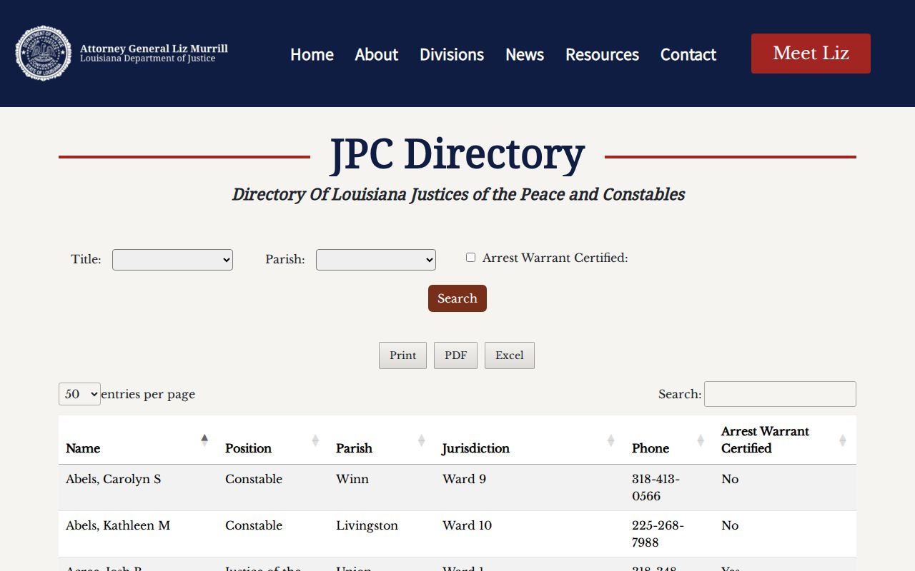 Louisiana justice court directory showing the Concordia Parish districts that issue bench warrants