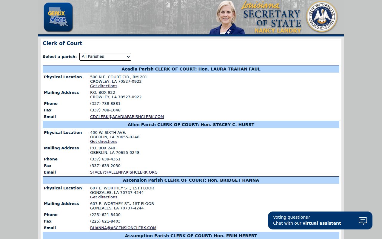 Concordia Parish Clerk of Court contact listing for bench warrant docket questions