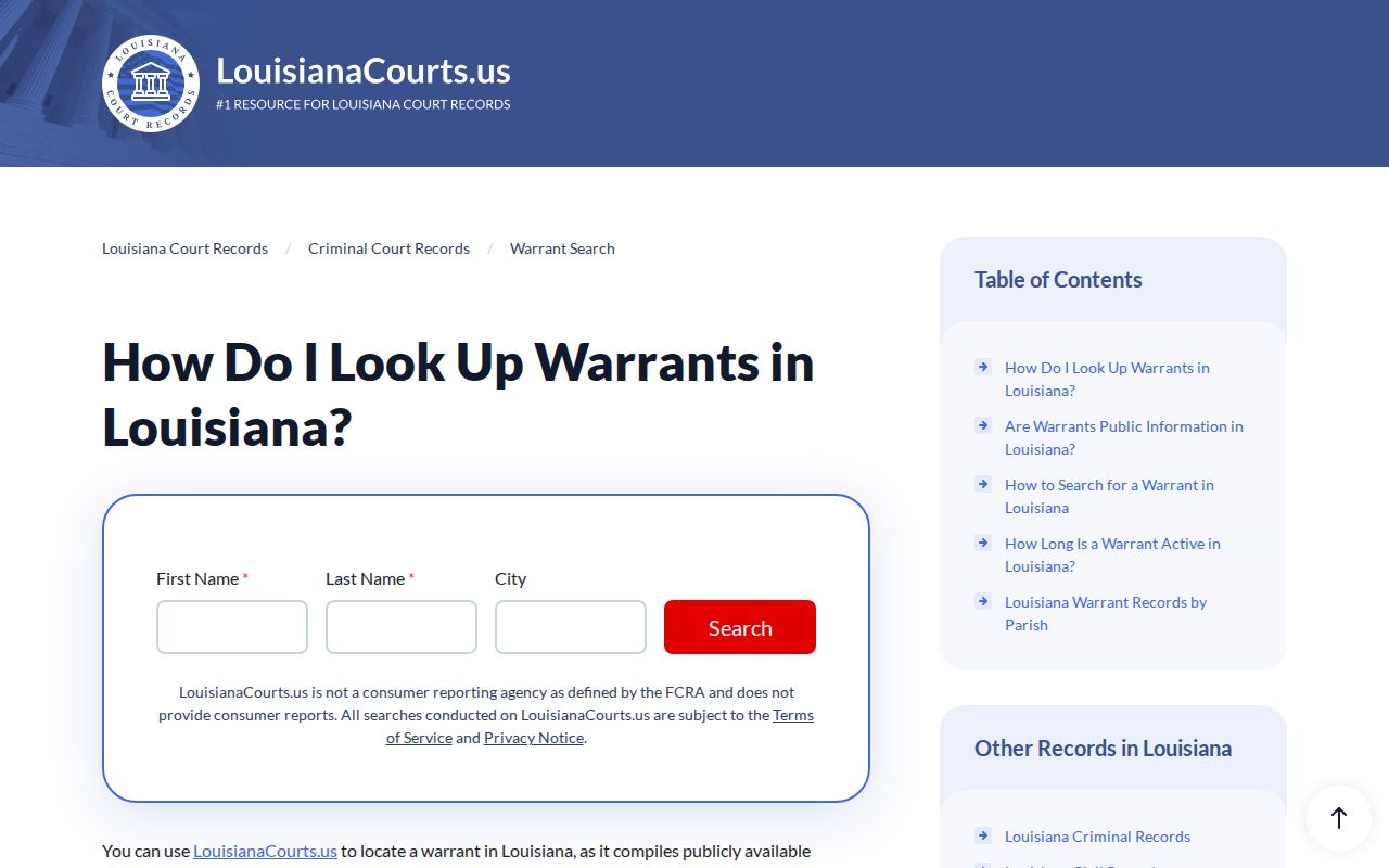 Louisiana statewide parish warrant contact directory listing Concordia Parish
