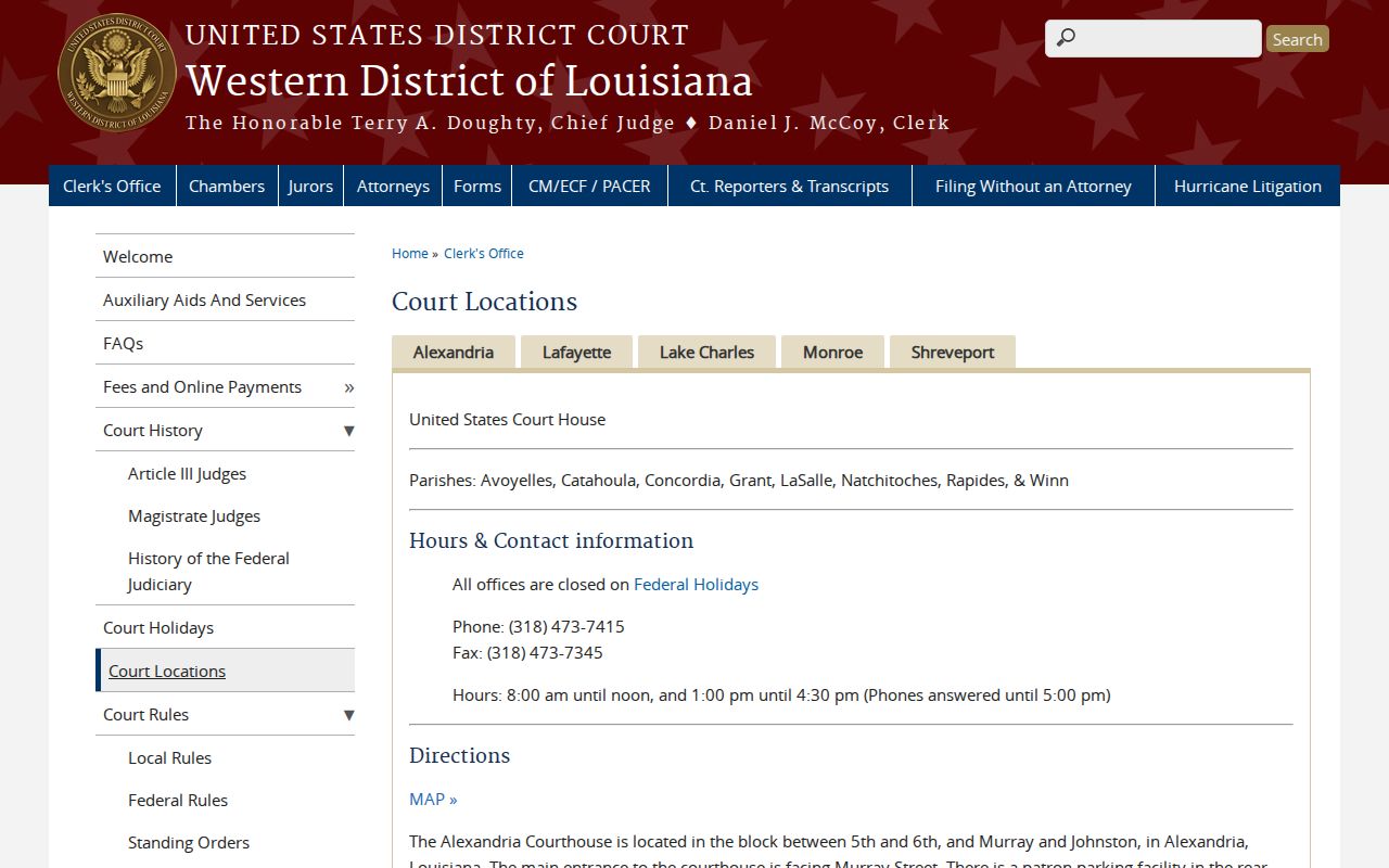 Federal court division address and hours for the Alexandria division that handles Concordia Parish warrants