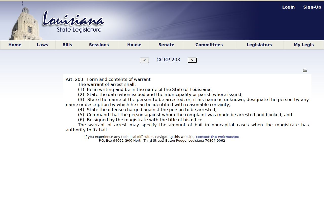 Louisiana article 203 required arrest warrant contents statute text for Concordia Parish warrants