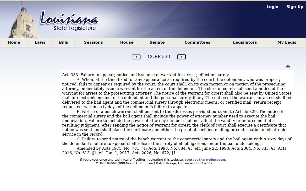 Louisiana article 333 failure to appear bench warrant statute text used in Concordia Parish cases