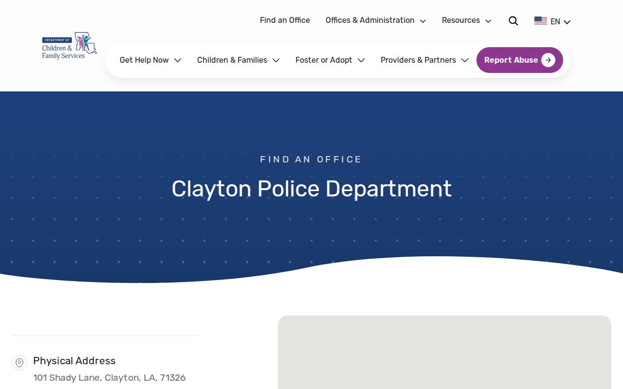 State directory entry for the Clayton Police Department and Clayton warrant records