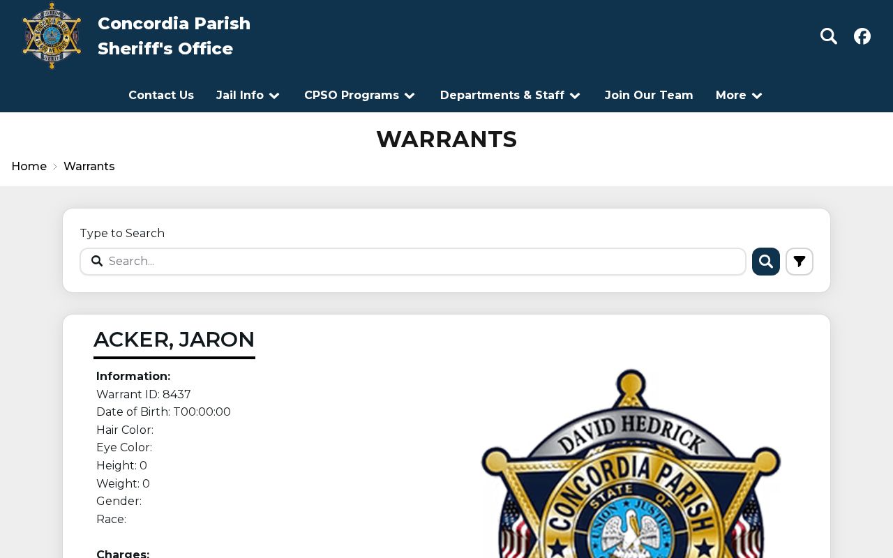 Concordia Parish warrant search page published by the sheriff's office