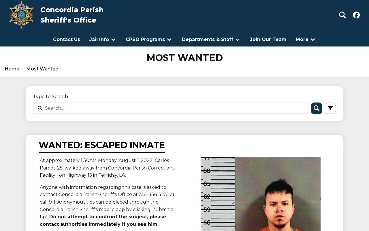 Concordia Parish sheriff curated most wanted warrant list page interface