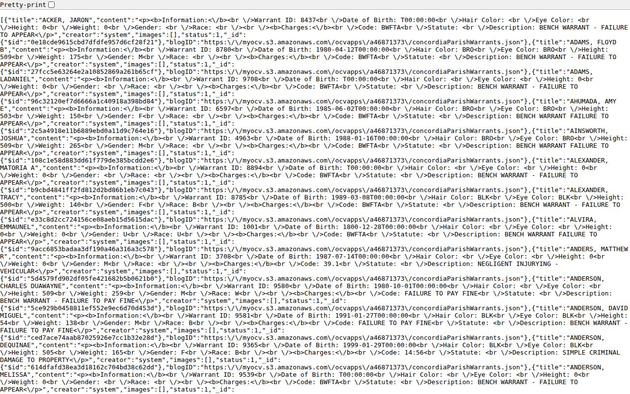 Concordia Parish active warrant feed metadata and field schema